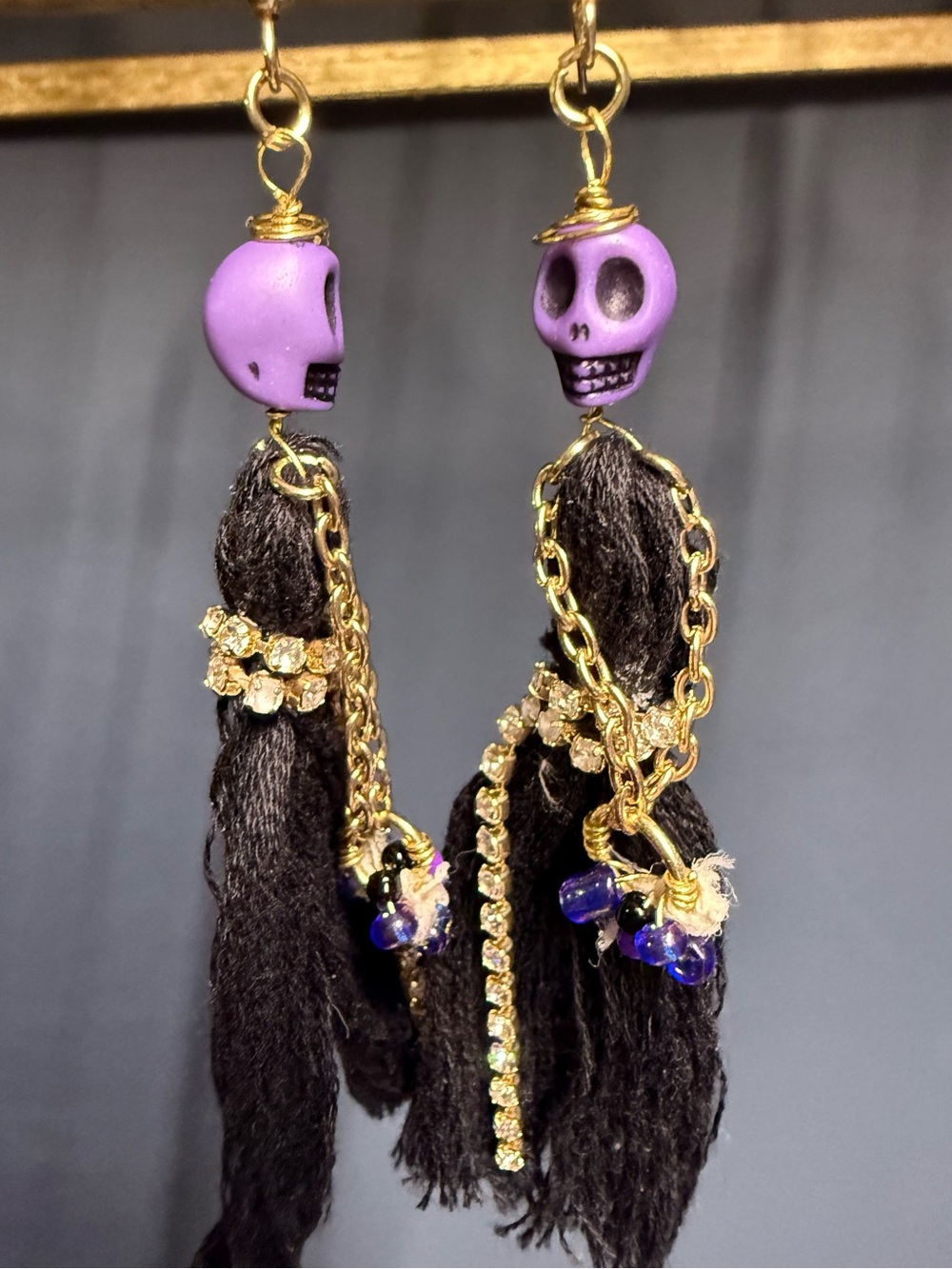 Handmade Purple Skull Tassel Earrings Gold Rhinestone Rhinestone Dangle Goth